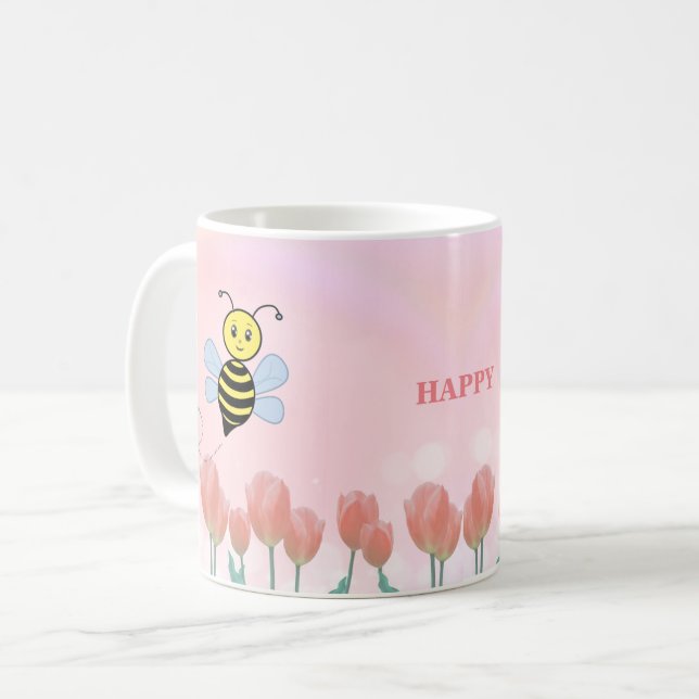 Glückliche Bienen und rosafarbene Tulpen Kaffeetasse (Vorderseite Links)