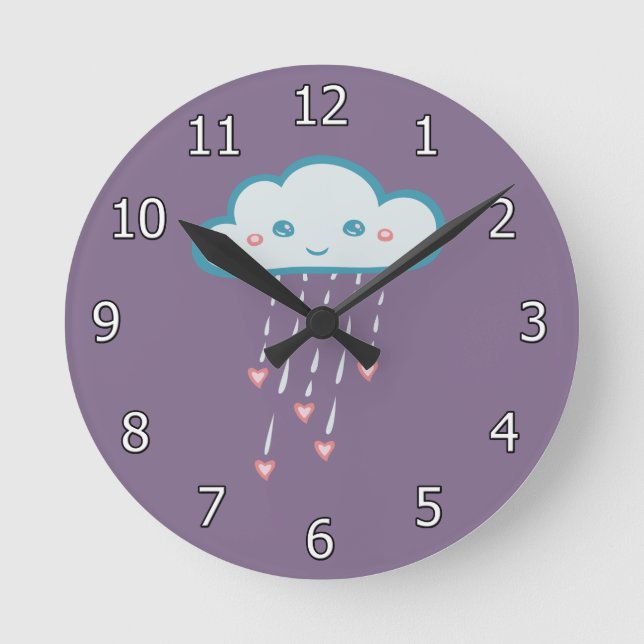 Glückliche blaue Regen-Wolke, die rosa Herzen Runde Wanduhr (Vorderseite)