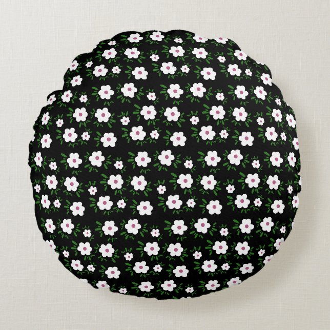 Glückliche Blume auf schwarz Rundes Kissen (Vorderseite)