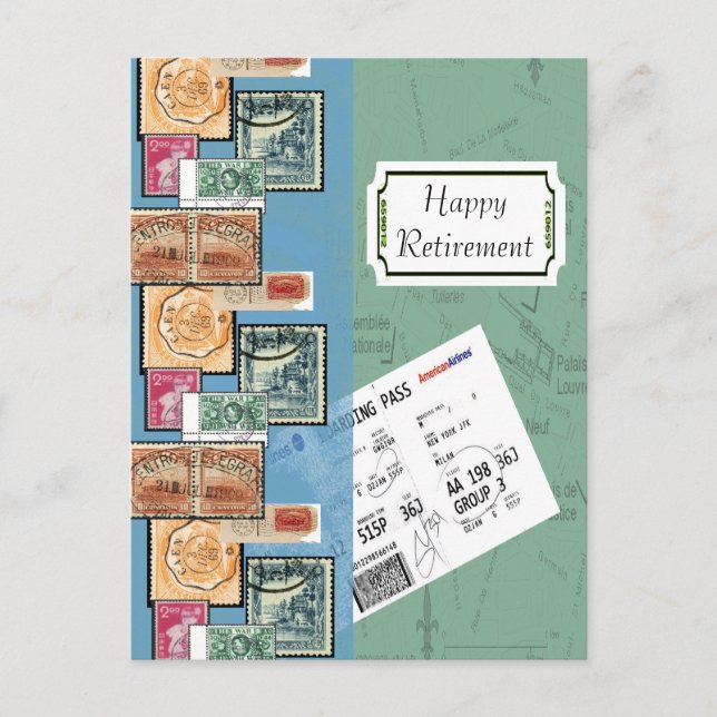 Glückliche Briefmarke für das Ruhestand der Welt Postkarte (Vorderseite)