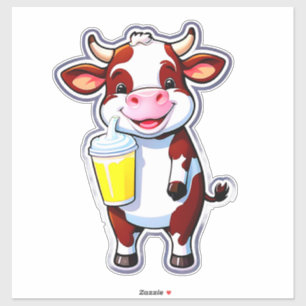 Glückliche Cartoon-Kuh mit Milchshake-Tasse für Ki Aufkleber