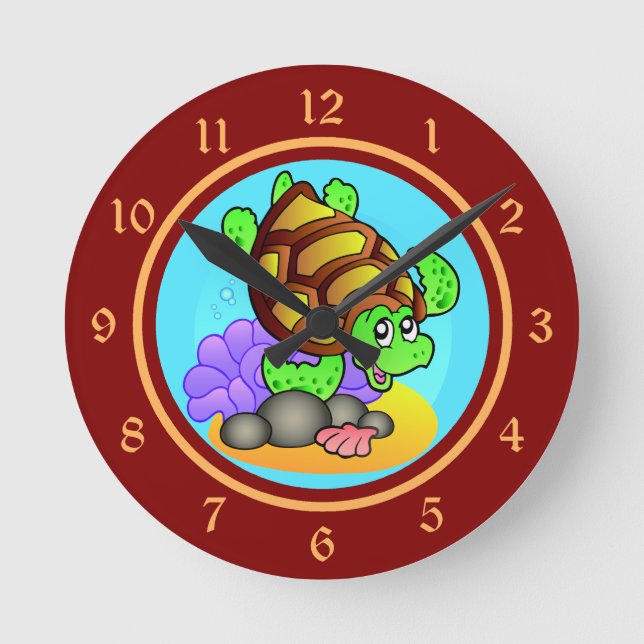 Glückliche Cartoon-Seeschildkröte mit hellem Rot Runde Wanduhr (Vorderseite)
