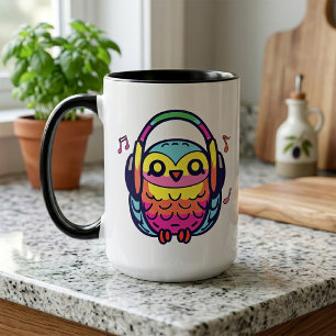 Glückliche Eule mit Kopfhörern hört Musik. Tasse