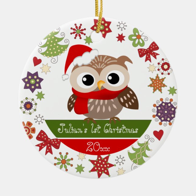 Glückliche Eulen-1. Weihnachtsverzierung Keramik Ornament (Vorne)
