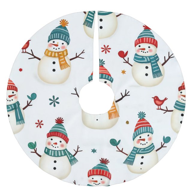 Glückliche farbenfrohe Schneemänner Polyester Weihnachtsbaumdecke (Vorderseite)