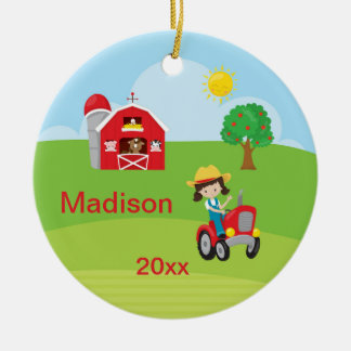 Glückliche Farmmädchen-Scheunen-Traktor-Tiere Keramik Ornament