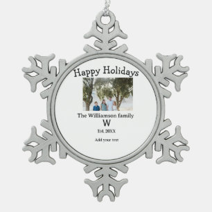 Glückliche Feiertage Familienname Foto Renument Bu Schneeflocken Zinn-Ornament