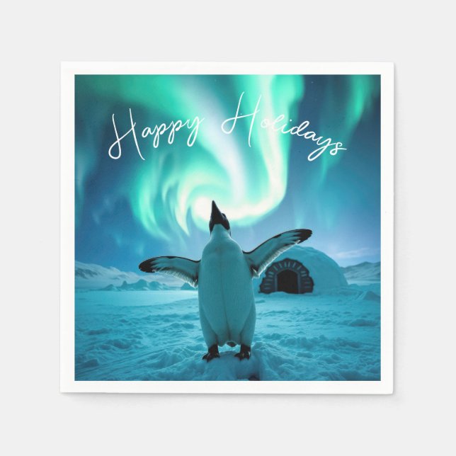 Glückliche Feiertage Pinguin unter Nordlichtern Serviette (Vorderseite)