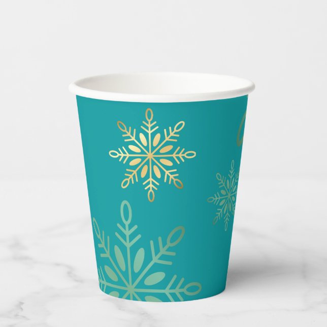 Glückliche Feiertage Weihnachten Gold Schneeflocke Pappbecher (Vorderseite)