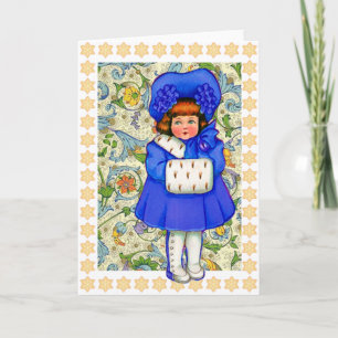 Glückliche Feiertags-Vintage Winter-Mädchen-Karte Feiertagskarte