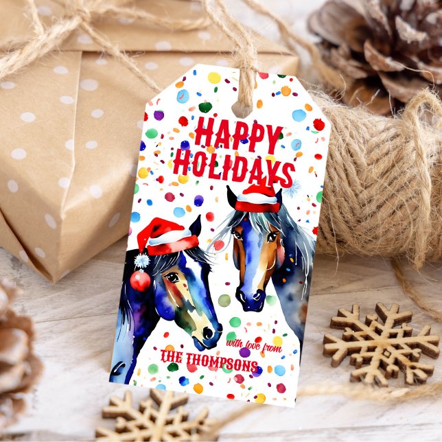 Glückliche Ferien Pferde Weihnachtsgeschenke Tags Geschenkanhänger (Horses themed Christmas happy holidays gift tags watercolor two horses with Santa hats gift tags)
