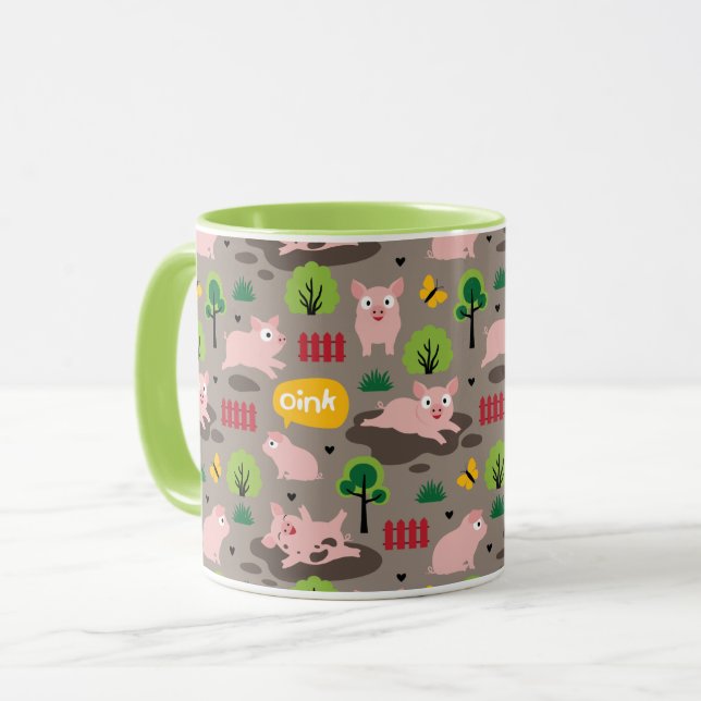 Glückliche Ferkel in der schlammigen Tasse (Vorderseite Links)