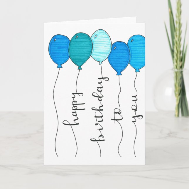 glückliche Geburtstagsballon Kalligraphie blaue Ha Karte (Vorderseite)