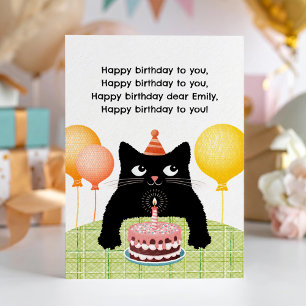 Glückliche Geburtstagskarte mit Katze, Kuchen und  Karte