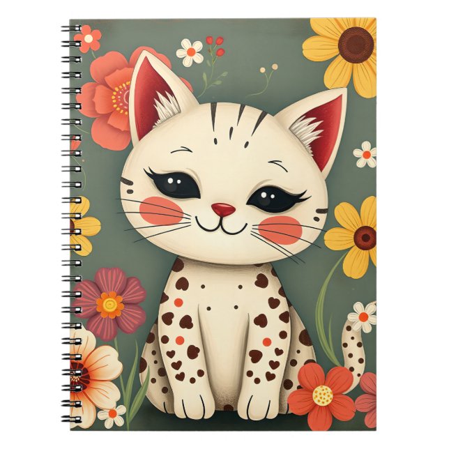 Glückliche gefleckte Katze mit Blumen Notizblock (Vorderseite)