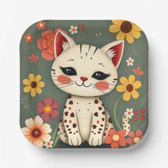 Glückliche gefleckte Katze mit Blumen Pappteller (Vorderseite)