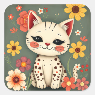 Glückliche gefleckte Katze mit Blumen Quadratischer Aufkleber
