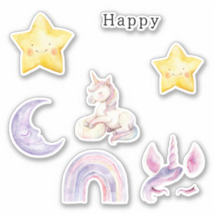 Glückliche Gelbe Sterne Einhorn Lila Mond Regenbog Aufkleber