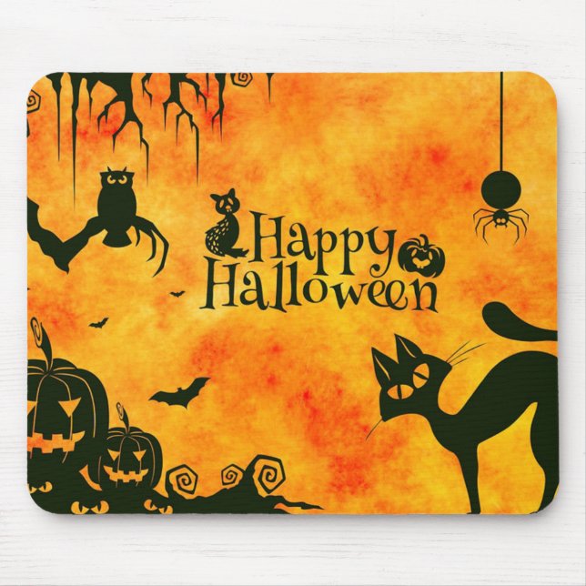 Glückliche gespenstische Katze und Kürbise Mousepad (Vorne)