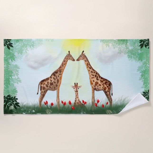 Glückliche Giraffenfamilie in der Natur - Glücklic Strandtuch (Vorderseite)