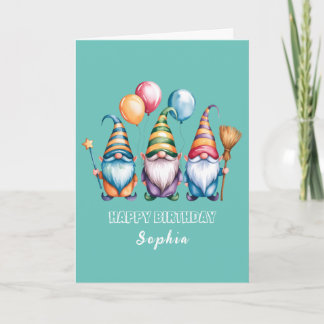 Glückliche Gnome mit Ballons und Zauberstab Karte