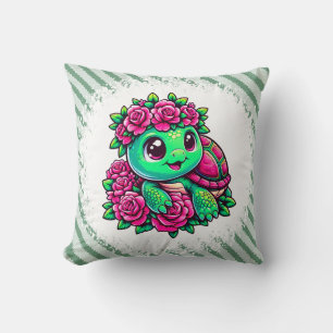 Glückliche Grüne Schildkröte mit rosa Rosen Kissen