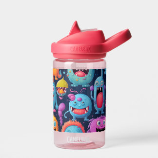 Glückliche Gruppe farbenfroher Monster auf schwarz Trinkflasche