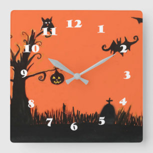 Glückliche Halloween-Baum-Kürbis-Quadrat-Wanduhr Quadratische Wanduhr