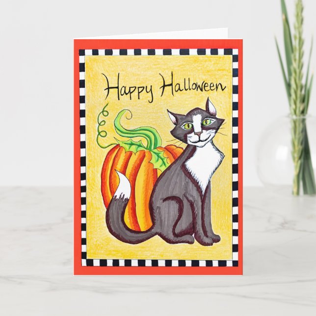 Glückliche Halloween Cat & Pumpkin Grußkarte Dankeskarte (Vorderseite)