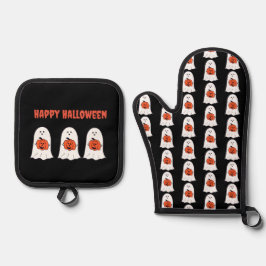 Glückliche Halloween-Geister mit Jack-o-Lanterns Ofenhandschuh & Topflappen-Set
