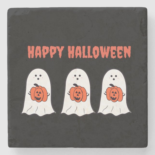 Glückliche Halloween-Geister mit Jack-o-Lanterns Steinuntersetzer (Vorderseite)