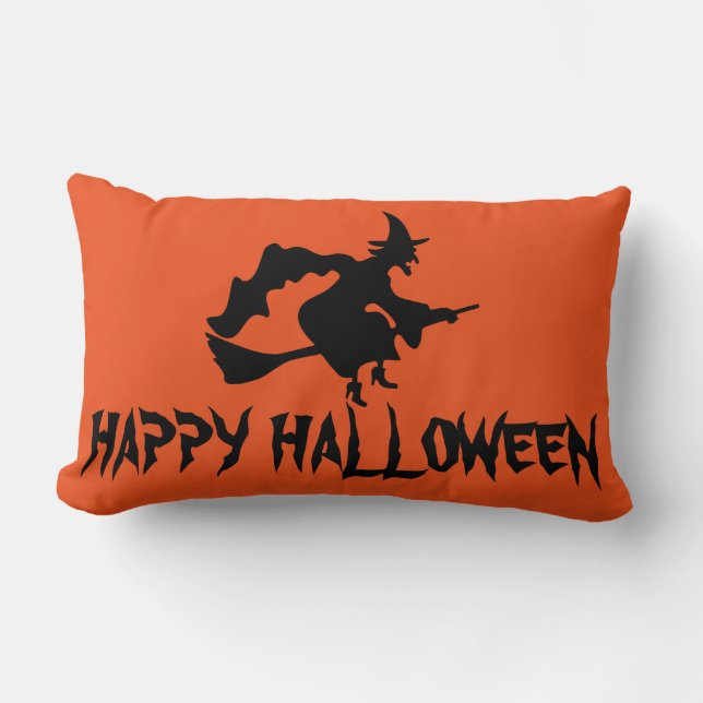 Glückliche Halloween-Hexe mit ihrem Besen-orange Lendenkissen (Vorderseite)