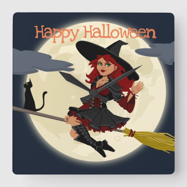 Glückliche Halloween-Hexe-Wanduhr Quadratische Wanduhr (Vorderseite)