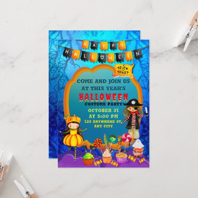 Glückliche Halloween-Kostümkinder Party-Feier Einladung (Vorderseite/Rückseite Beispiel)