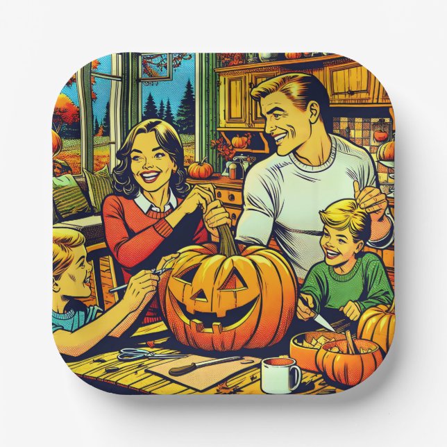 Glückliche Halloween Nostalgische Karikaturenkürme Pappteller (Vorderseite)