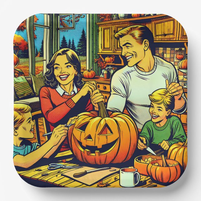 Glückliche Halloween Nostalgische Karikaturenkürme Pappteller (Vorderseite)