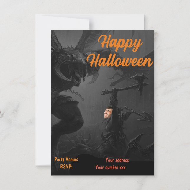 Glückliche Halloween-Party-Dunkelschwarz-Orange-Mo Einladung (Vorderseite)
