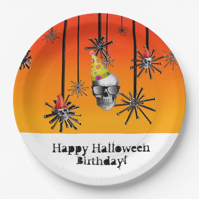 Glückliche Halloween-Schädel in Party-Hüten Pappteller (Vorderseite)