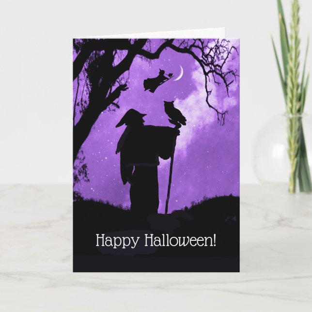 Glückliche Halloween-Zauberhexen KatzenHexe Karte (Vorderseite)