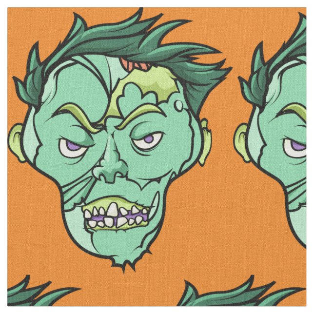 Glückliche Halloween-Zombie-Muster-Grün-Orange Stoff (Nahaufnahme)
