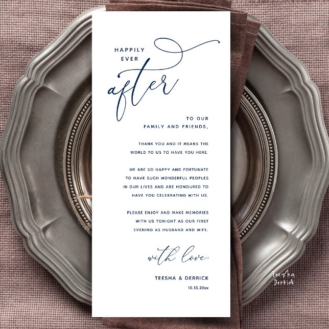 Glückliche Hochzeitsdinner-Dankeskarten Programm (Welcome and Thanks, Happily Ever After Modern Wedding Dinner Thank You Card in Classy Navy Blue)