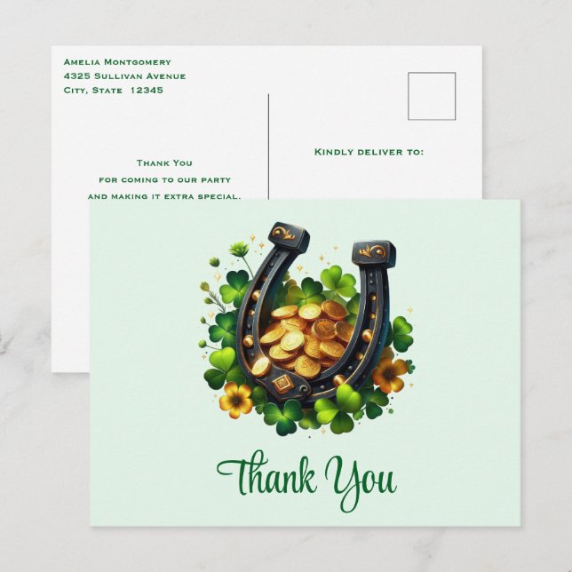 Glückliche Horseshoe Goldmünzen und Klee Vielen Da Postkarte (Vorne/Hinten)