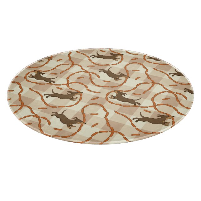 glückliche Hunde mit Wursthintergrund Schneidebrett (Ecke)