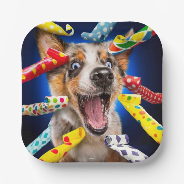 Glückliche Hundeparty-Tröten Pappteller (Vorderseite)