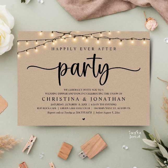 Glückliche Immer Nach Hochzeitsfeier, Rustikale Ho Einladung (Happily Ever After Party, Rustic Wedding Dinner Invitation Card,  cottage string lights, brown kraft)