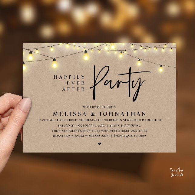 Glückliche Immerwährend-Party, Rustikale Lichterke Einladung (Happily Ever After Party, Rustic Wedding String Lights Invitation card, Reception Brown Kraft )