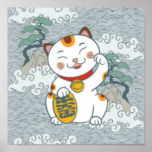 Glückliche japanische Dreifarbenkatze   Maneki Nek Poster