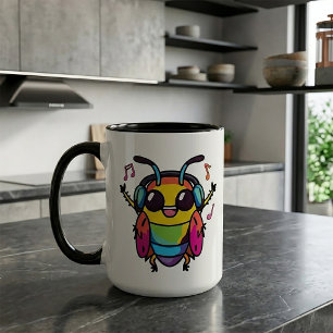 Glückliche Kakerlake mit Kopfhörern hört Musik Tasse