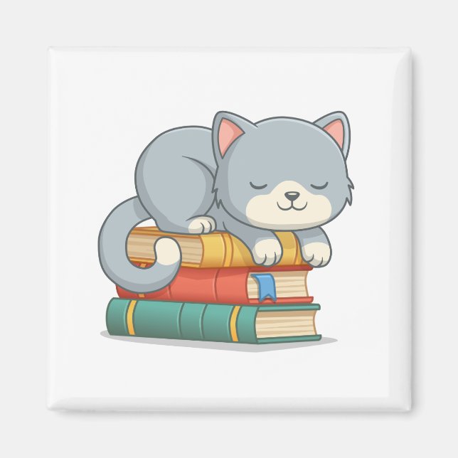 Glückliche Katze auf einem Bücherstapel Magnet (Vorne)