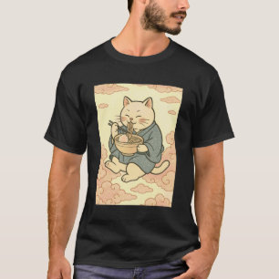 Glückliche Katze, die Ramen in den Wolken isst T-Shirt